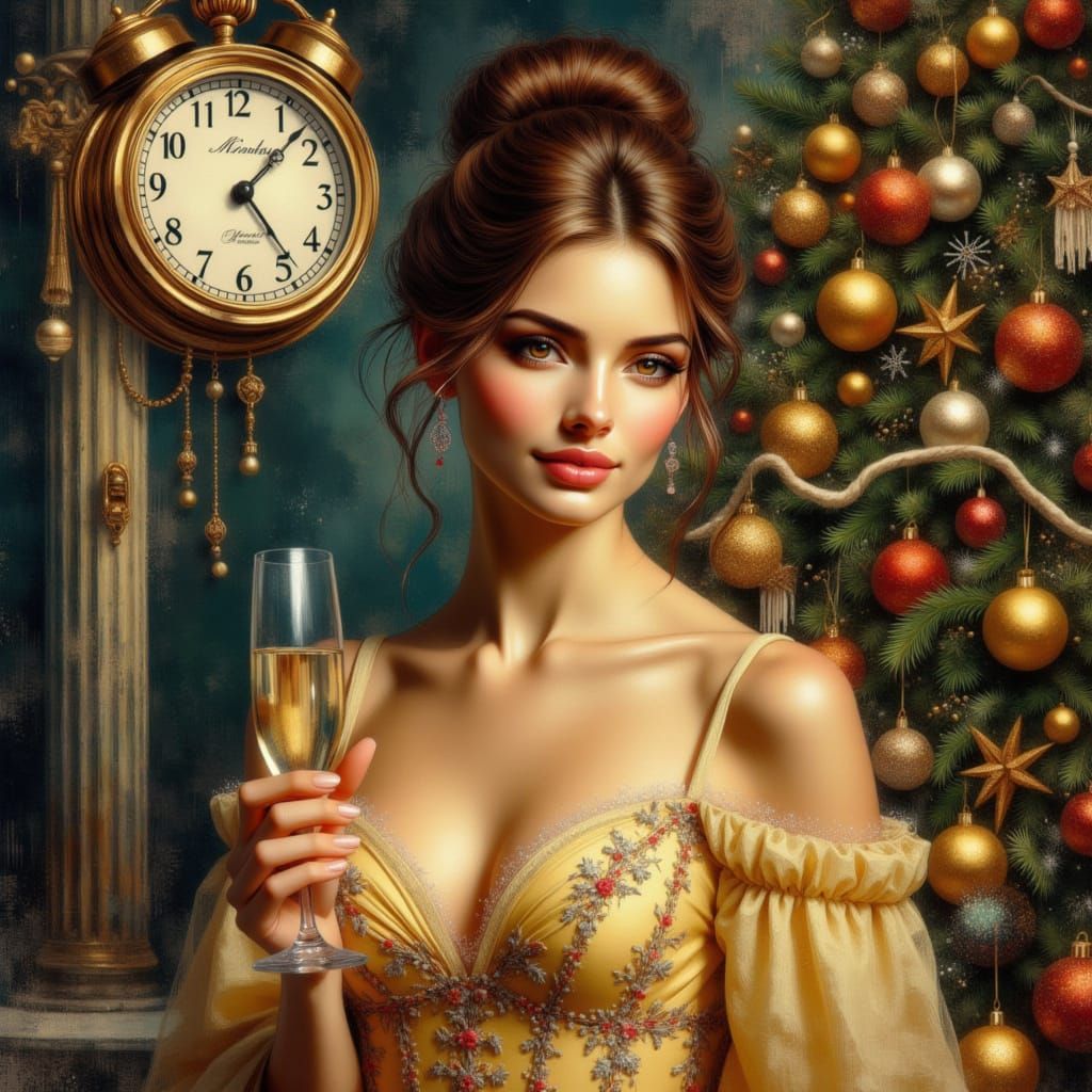 Elegant Woman Cheers New Year by Festive Tree