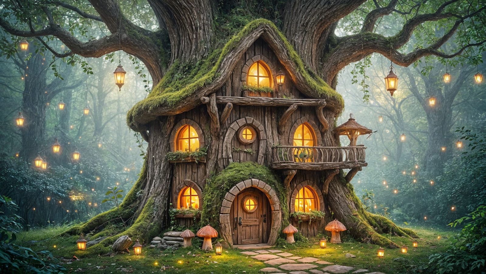 Whimsical Treehouse in a Glowing Ancient Trunk