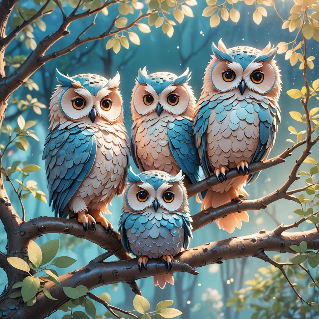 Three Fluffy Owls in Whimsical 3D Anime Style