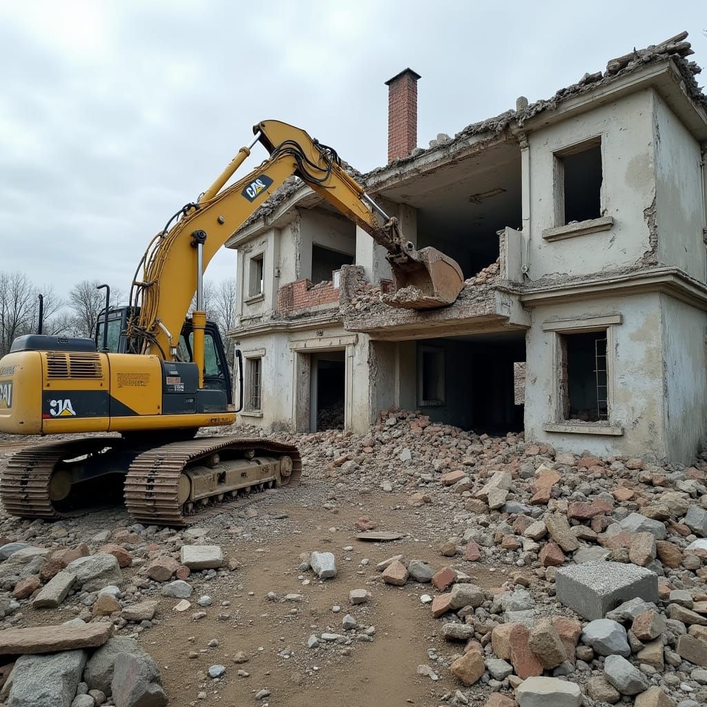 Building Wrecking Machine Demolishing Abandoned Structure