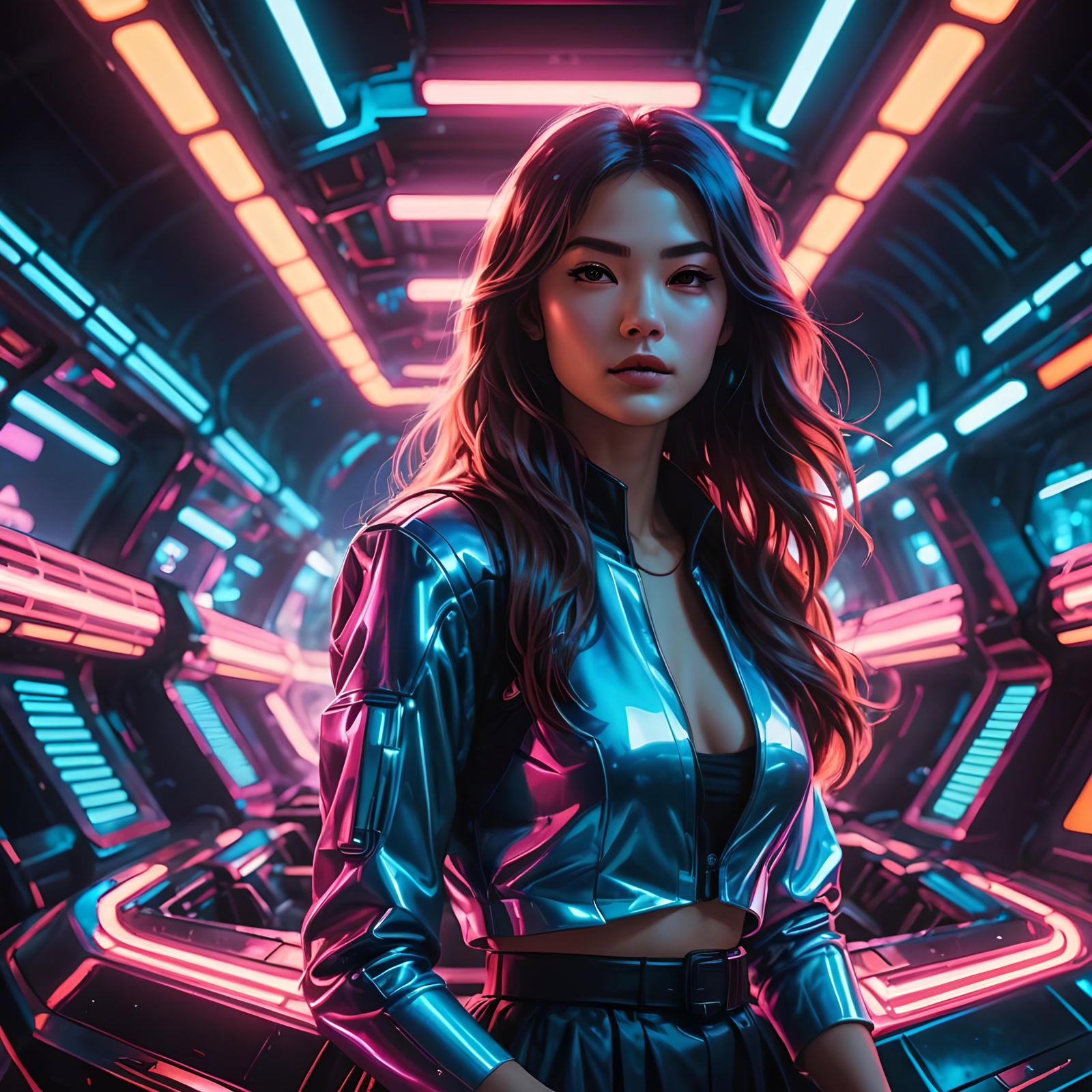 Neo Tokyo Woman on Hovercraft in Synthwave Style