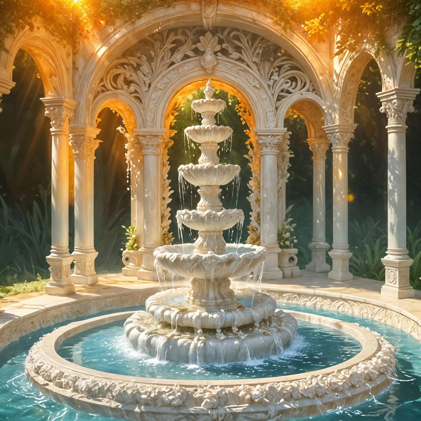 Selenite Infinity Fountain in Lush Garden