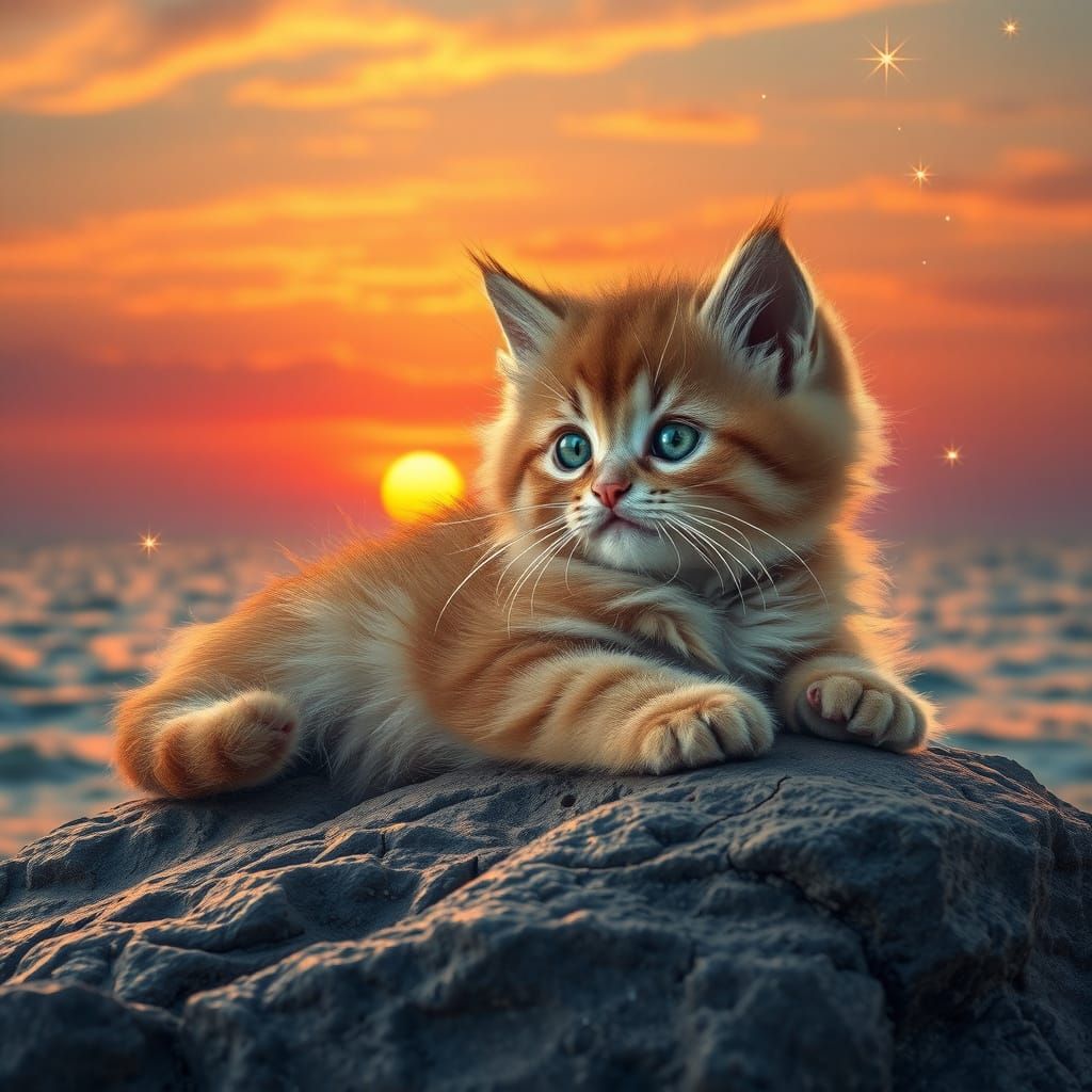 Soft Sunset Kitten Captured in Superrealistic Brushstrokes