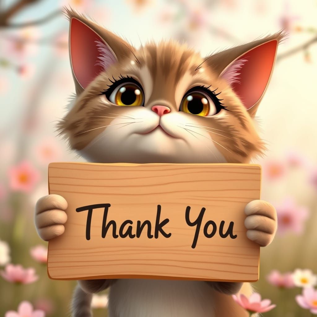 Chubby Disney-Style Cat Holds Up Heartfelt Thank You Sign