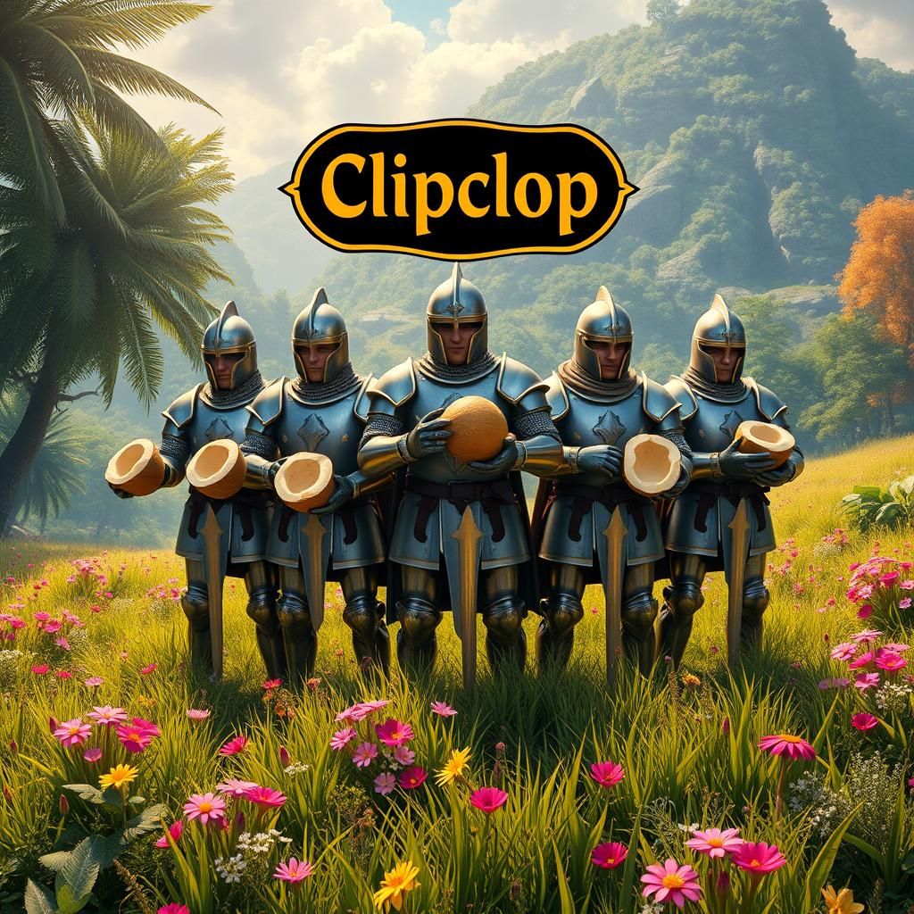 Monty Python Knights with Coconuts in Fantasy Landscape