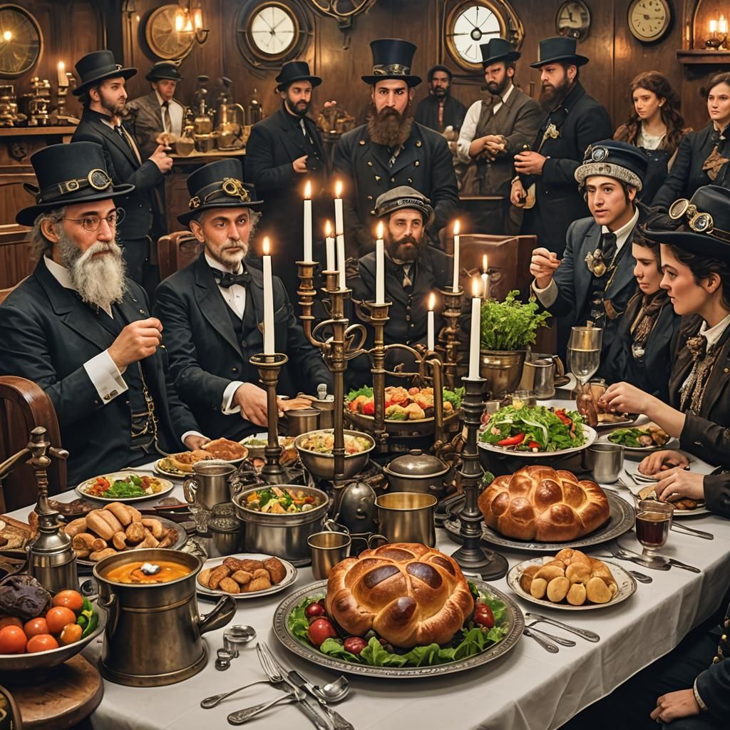 Shabbat Table Scene with Steampunk Influence