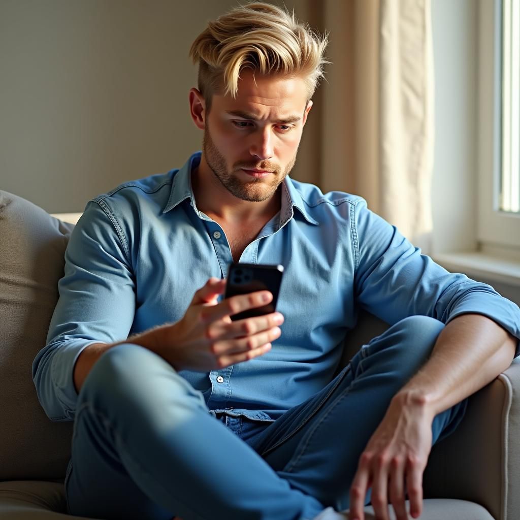 Blond Man in Blue Denim Focused on Smartphone