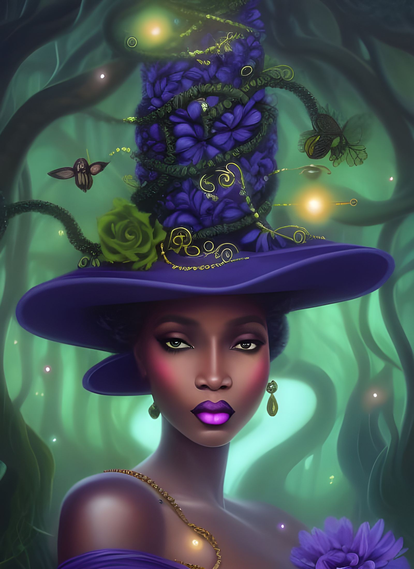 Magical Voodoo Sorceress with Butterflies, Digital Illustrat...