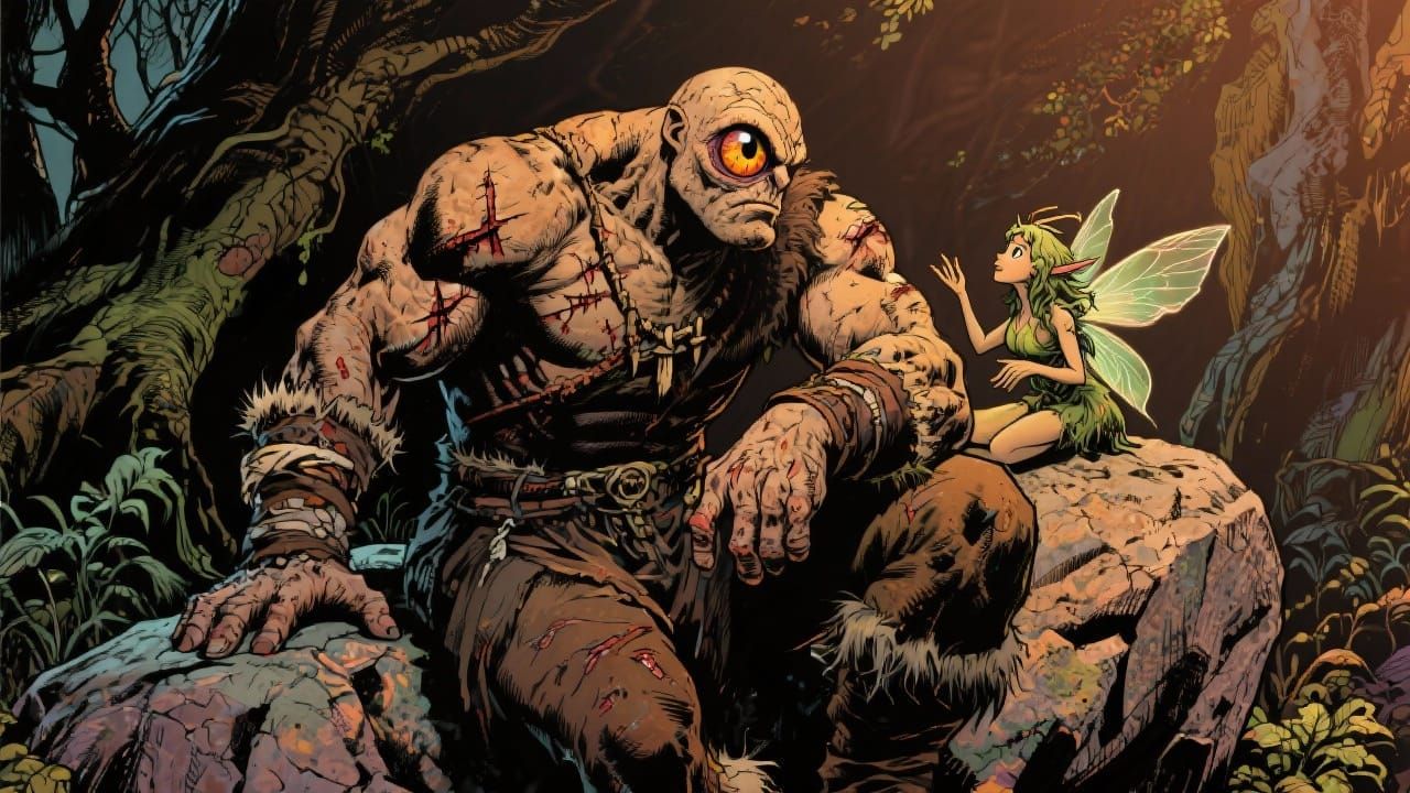 Cyclops and Fairy in Vibrant Fantasy Art