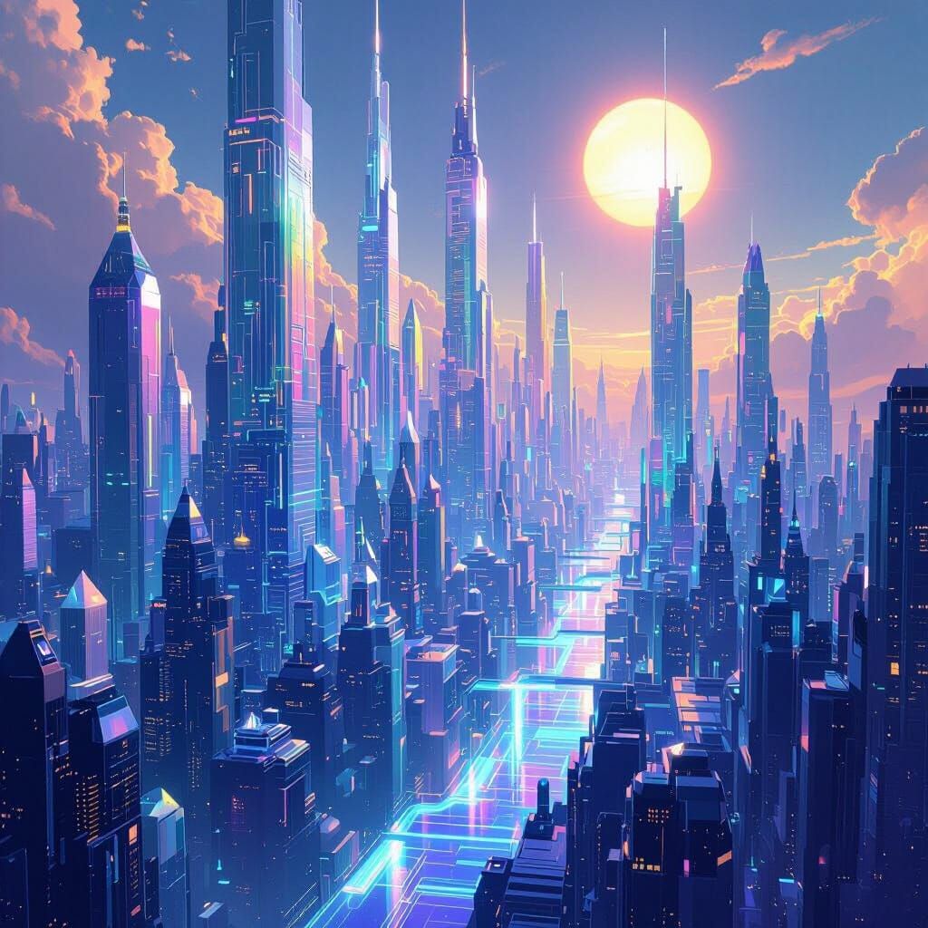 Crystalline Metropolis Under Twin Suns in Pastel Hues