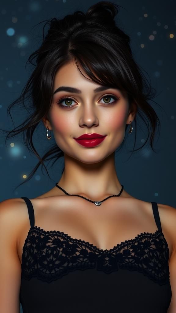 Elegant Woman with Hazel Eyes in Starry Night