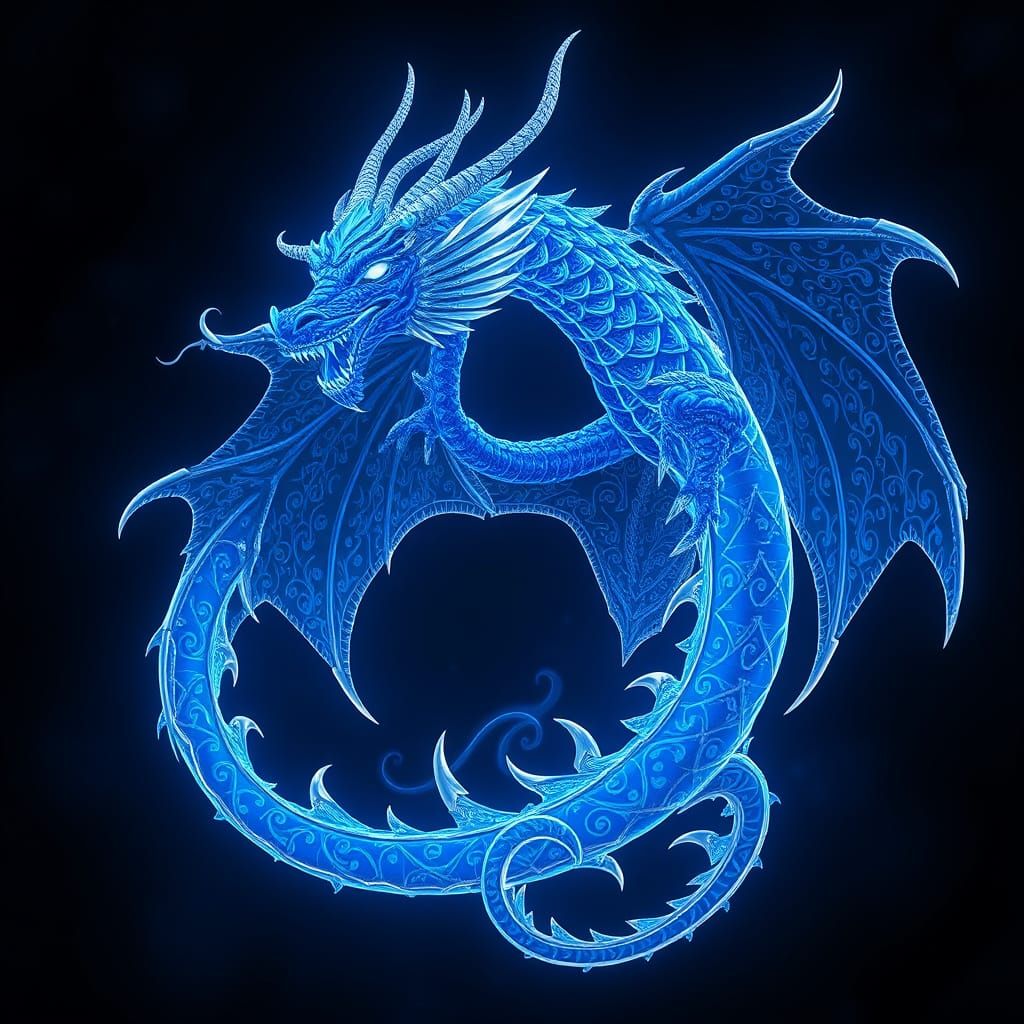 Bioluminescent Dragon with Blue Filigree, Detailed Matte Pai...