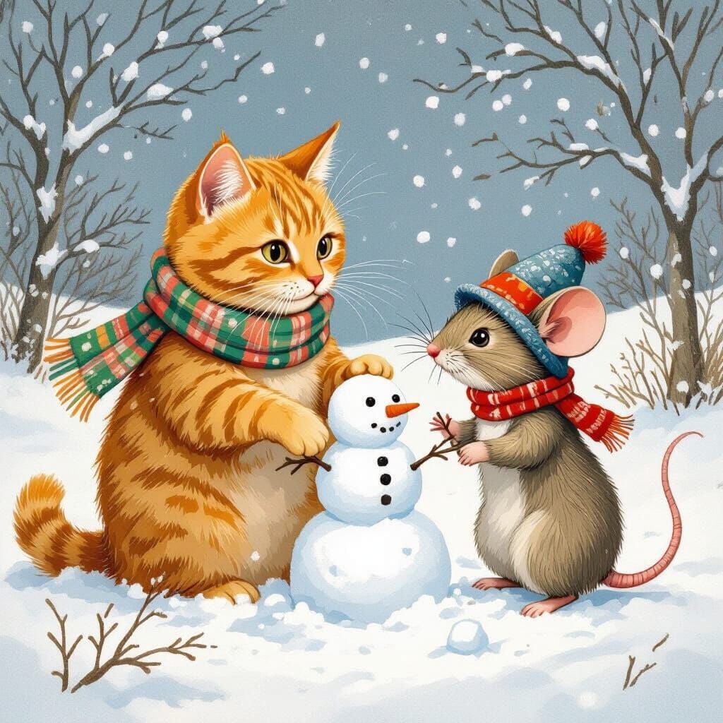 Cat and Mouse Build Snowmen in Winter Wonderland