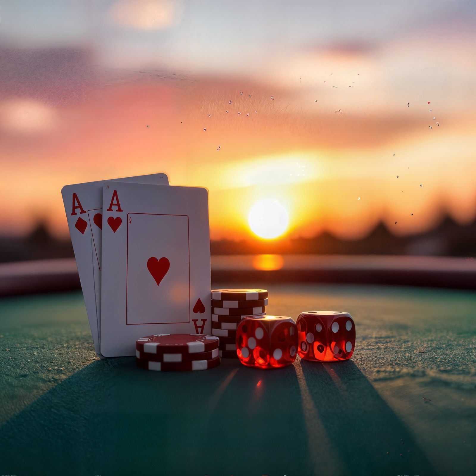 Poker Cards and Dice in Sunset Shadows