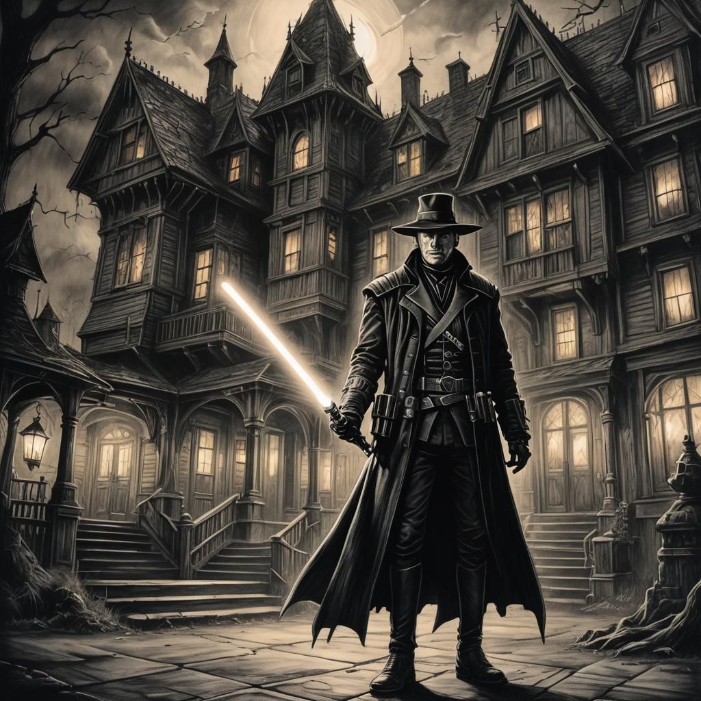 Van Helsing with Lightsaber, Charcoal Drawing