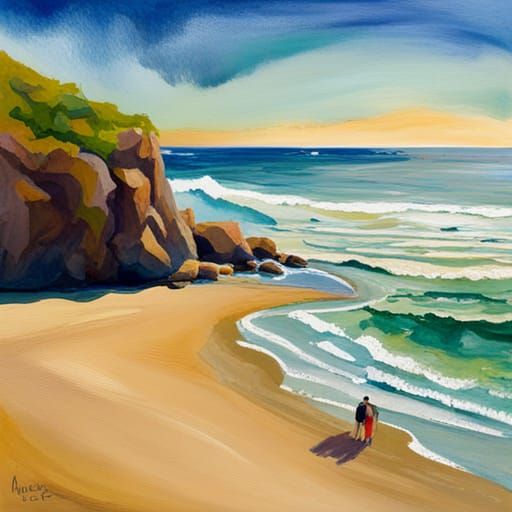 Romantic Beach Scene as Gouache Watercolor Painting