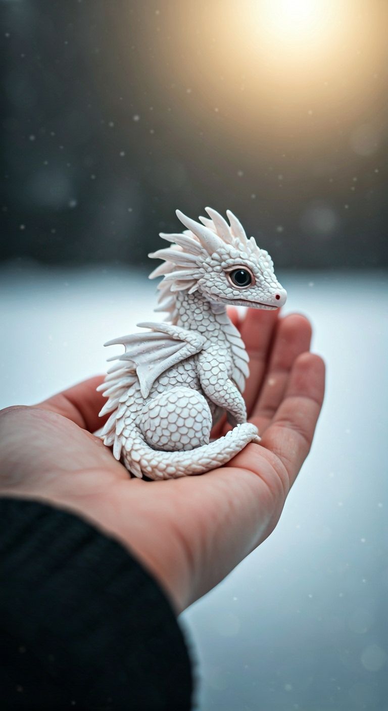 Tiny Pearlescent Dragon in Hand, Snowy Fantasy Art