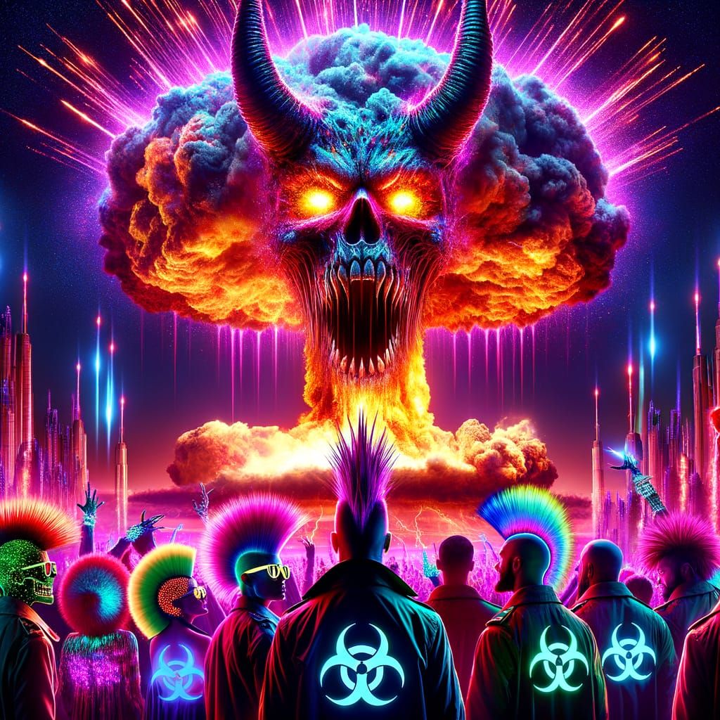 Psychedelic Nuclear Explosion with Reveling Partygoers
