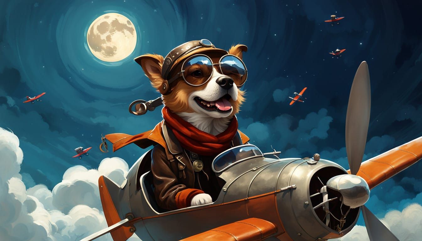 Surreal Dog Pilot Soars Through Clouds in Vintage Biplane