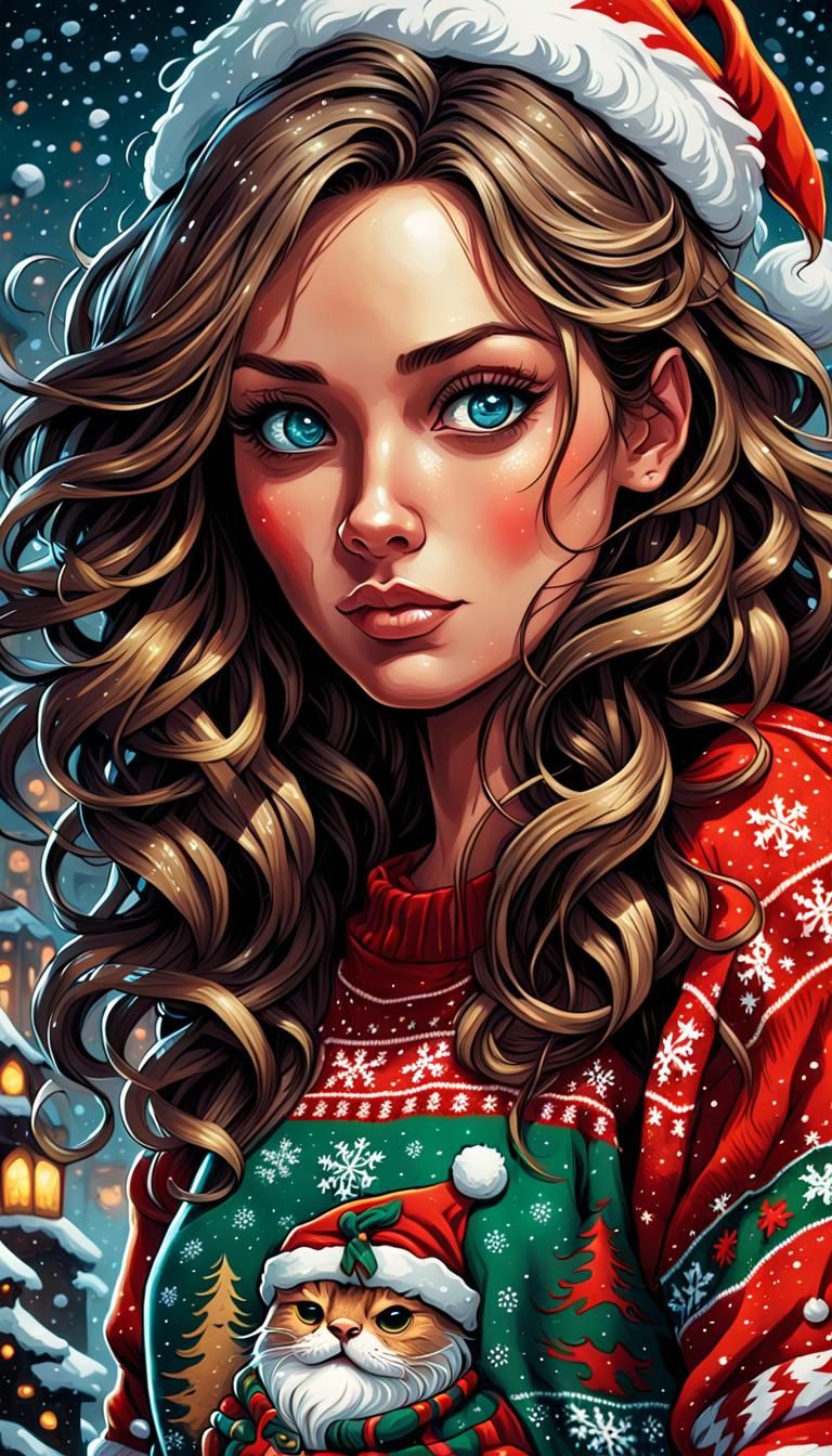 Festive Comic Book Girl in Christmas Sweater
