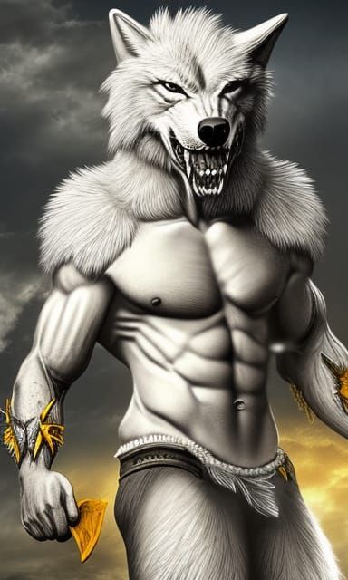 Detailed Anthropomorphic Warrior Wolf with Crystal Greatswor...