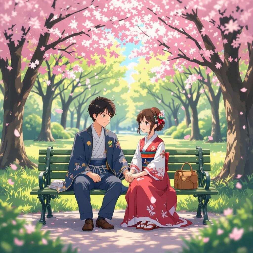 Romantic Couple Under Cherry Blossoms in Anime Style