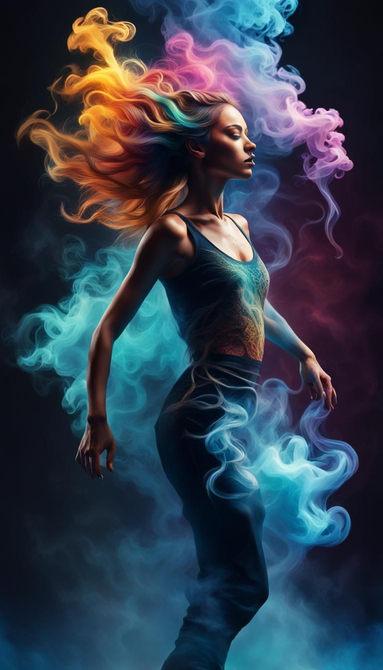 Dancer with Smoke Hair in Hyperrealistic Style