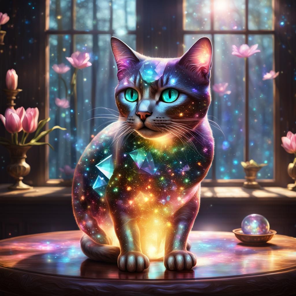 Iridescent Crystal Cat with Tulips, Holographic Illustration