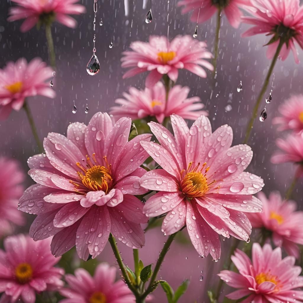 Vibrant Pink Flowers with Water Droplets
