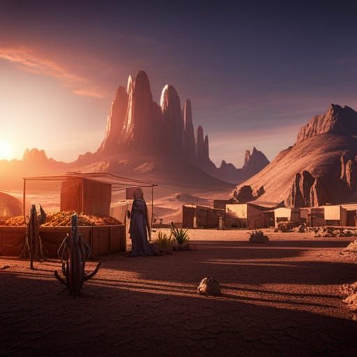 Alien Farmer's Market in Desert City: 3D Render