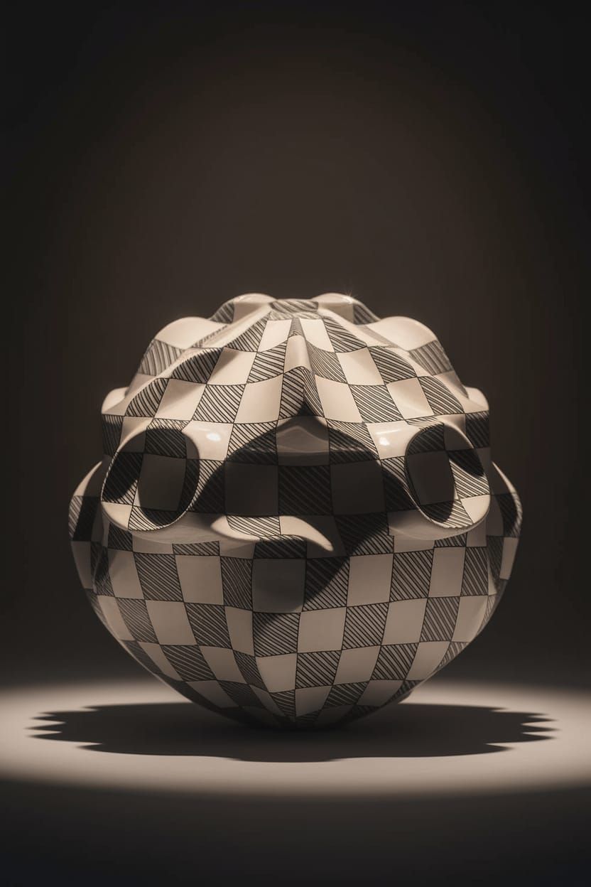 Gingham Patterned White Ceramic Sculpture in Soft Light