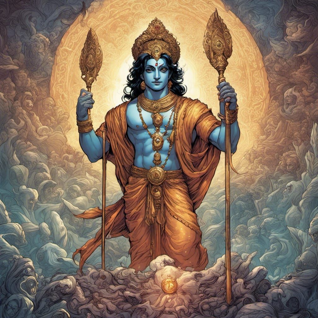 Shree Krishna with Sudarshan Chakra in Comic Book Style