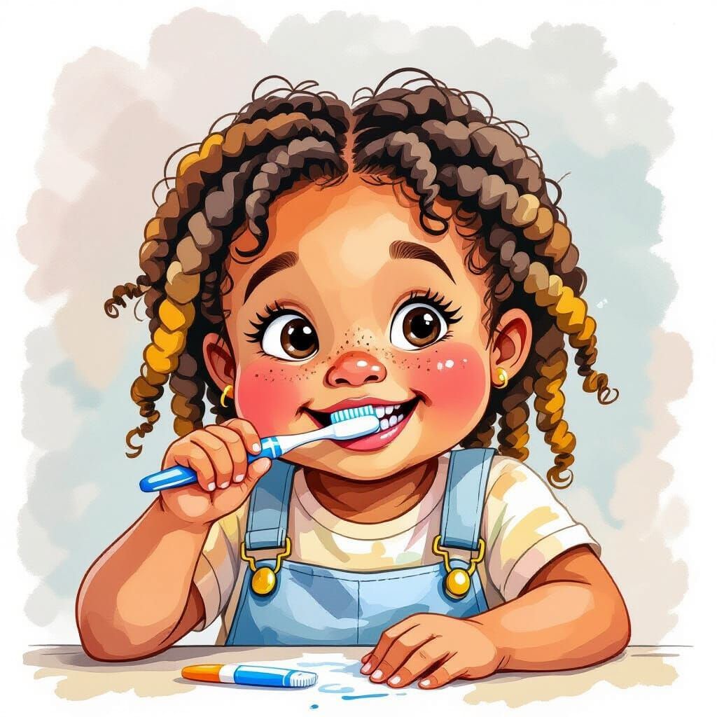 Watercolor of a Black Girl Brushing Her Teeth
