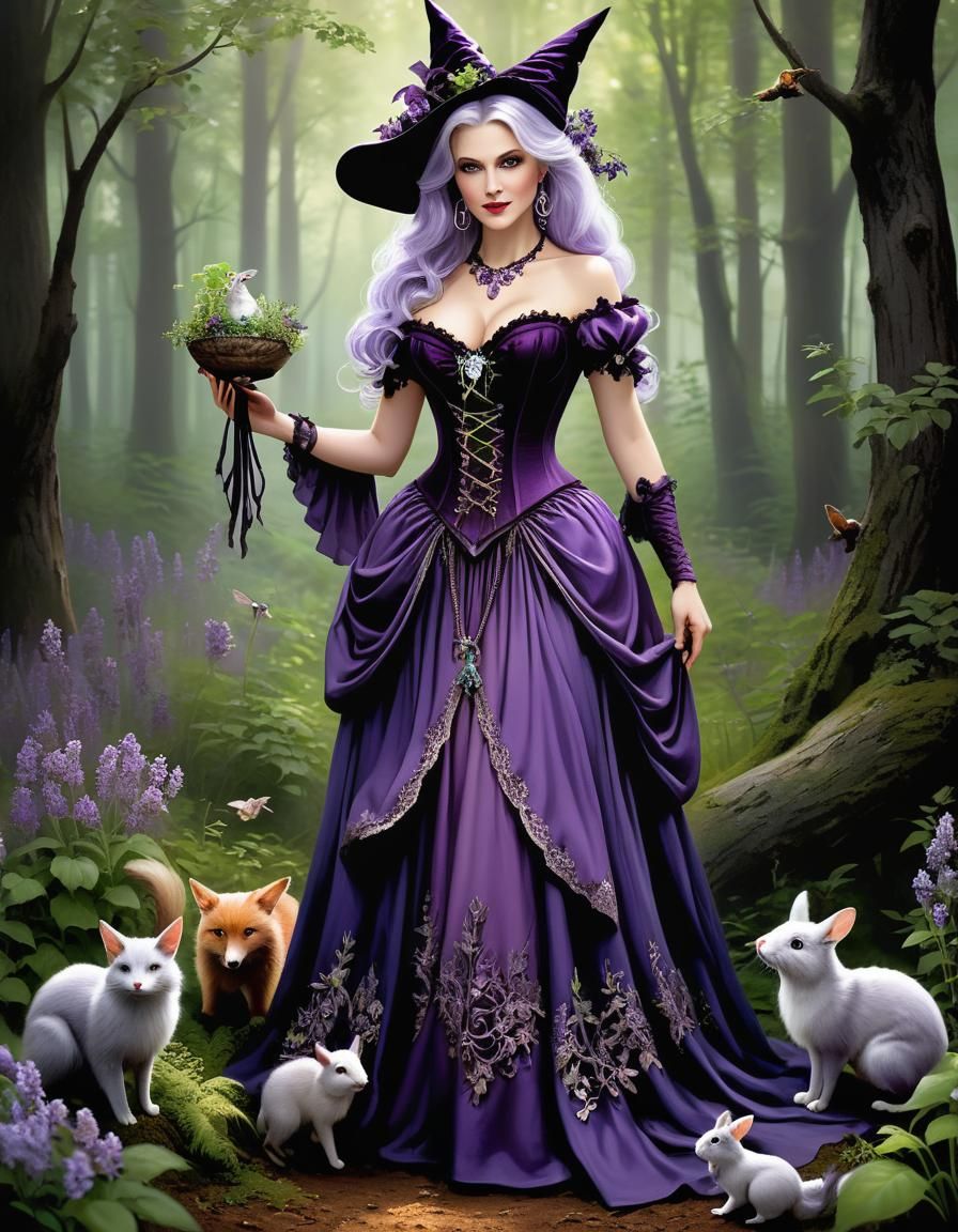 Enchanting Forest Witch Gathering Herbs