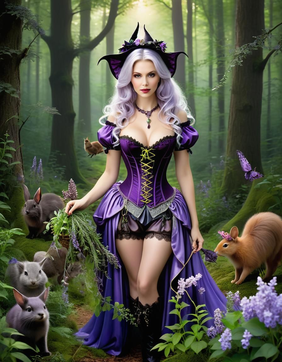 Beautiful Witch Gathering Herbs in Forest Scene