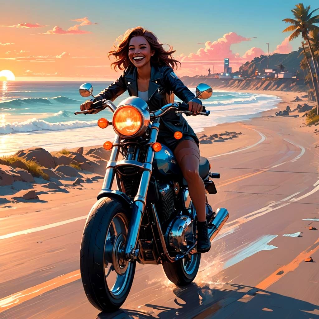 Beautiful Girl on Bullet Bike, Matte Painting Style