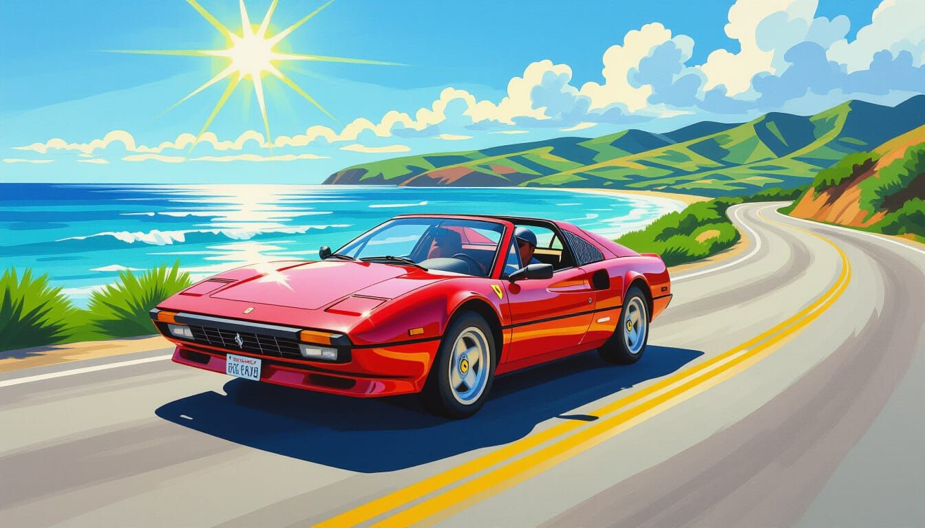 Red 1985 Ferrari Speeds on Oahu Coastal Road