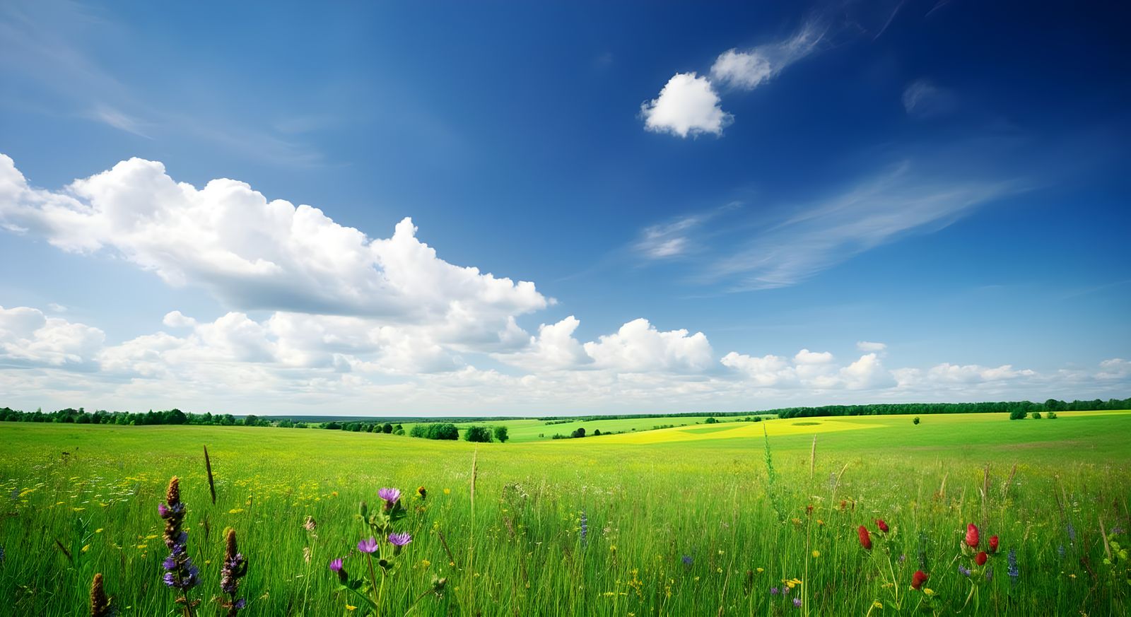Idyllic Green Meadows Under Serene Golden Sunlight
