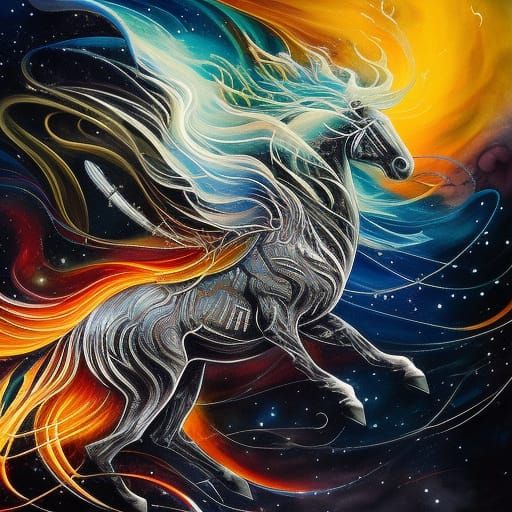 Galactic Fire Horse in Flowing Ink Style