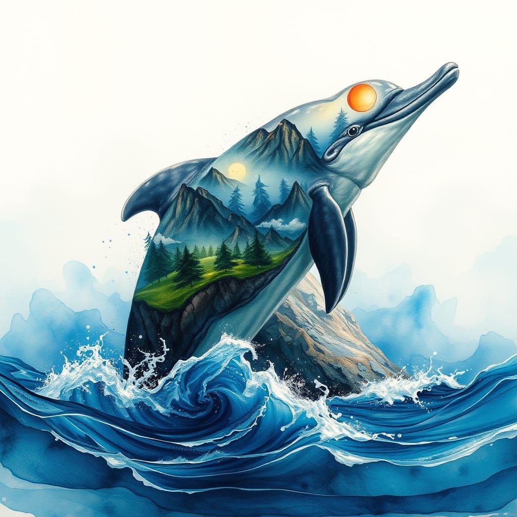 Seascape Dolphin in Mixed Media Impressionist Style