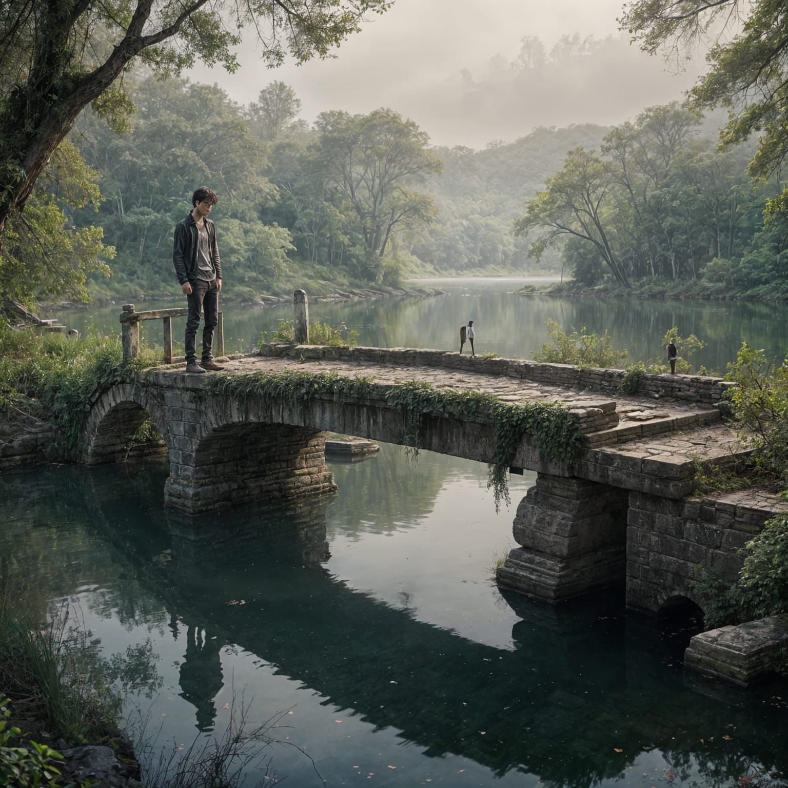 Melancholic Boy on Stone Bridge with Gothic Towers