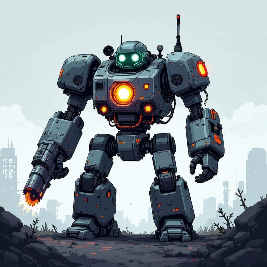 Retro Pixel Art Combat Robot in Atomic Era Style