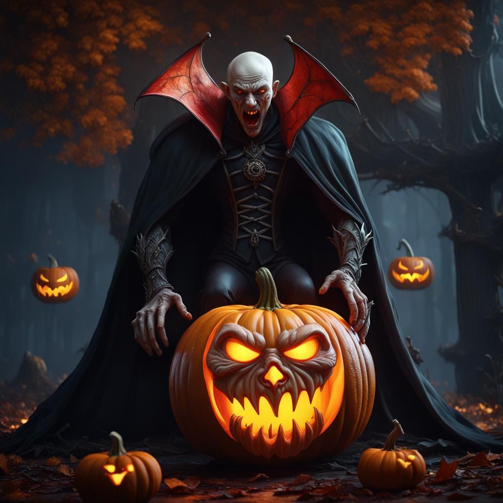 Vampire Pumpkin Carving in Detailed Matte Painting Style