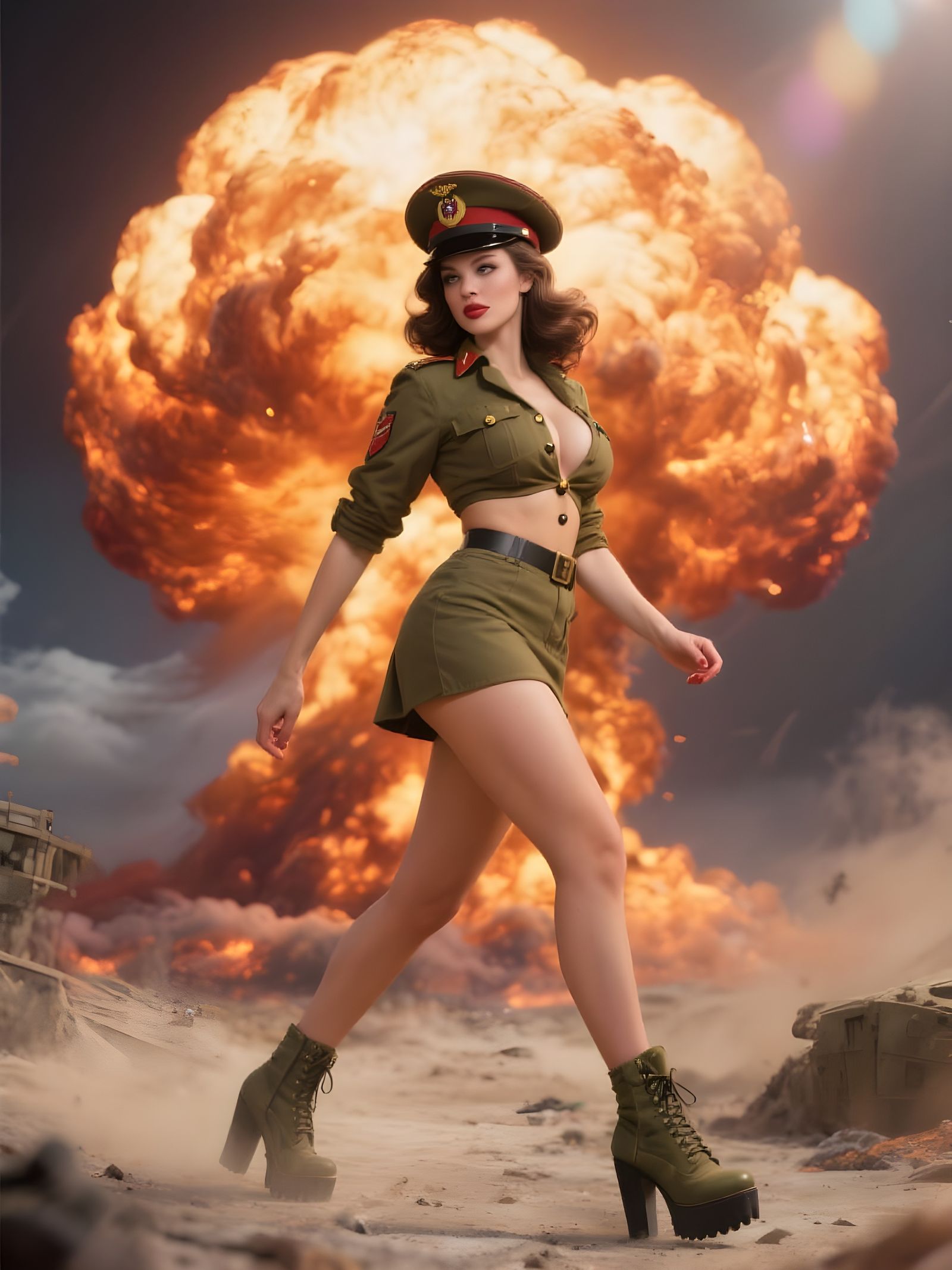 Pin-Up Recruit Struts Past Mushroom Cloud
