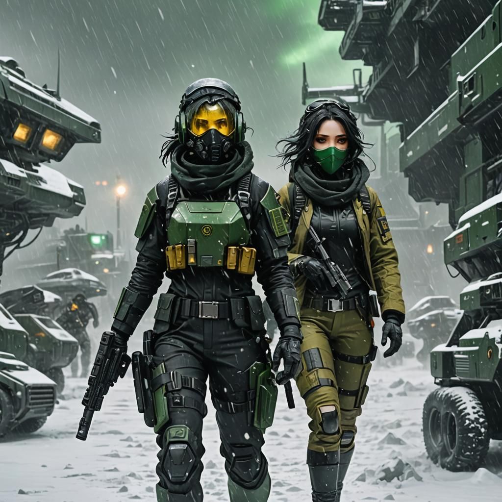 Tactical Goth Girl and Masked Man in Sci-Fi Snowstorm