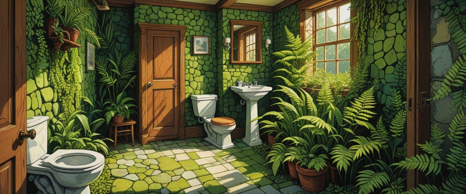 Outdoor Bathroom in Comic Book Style with Ferns