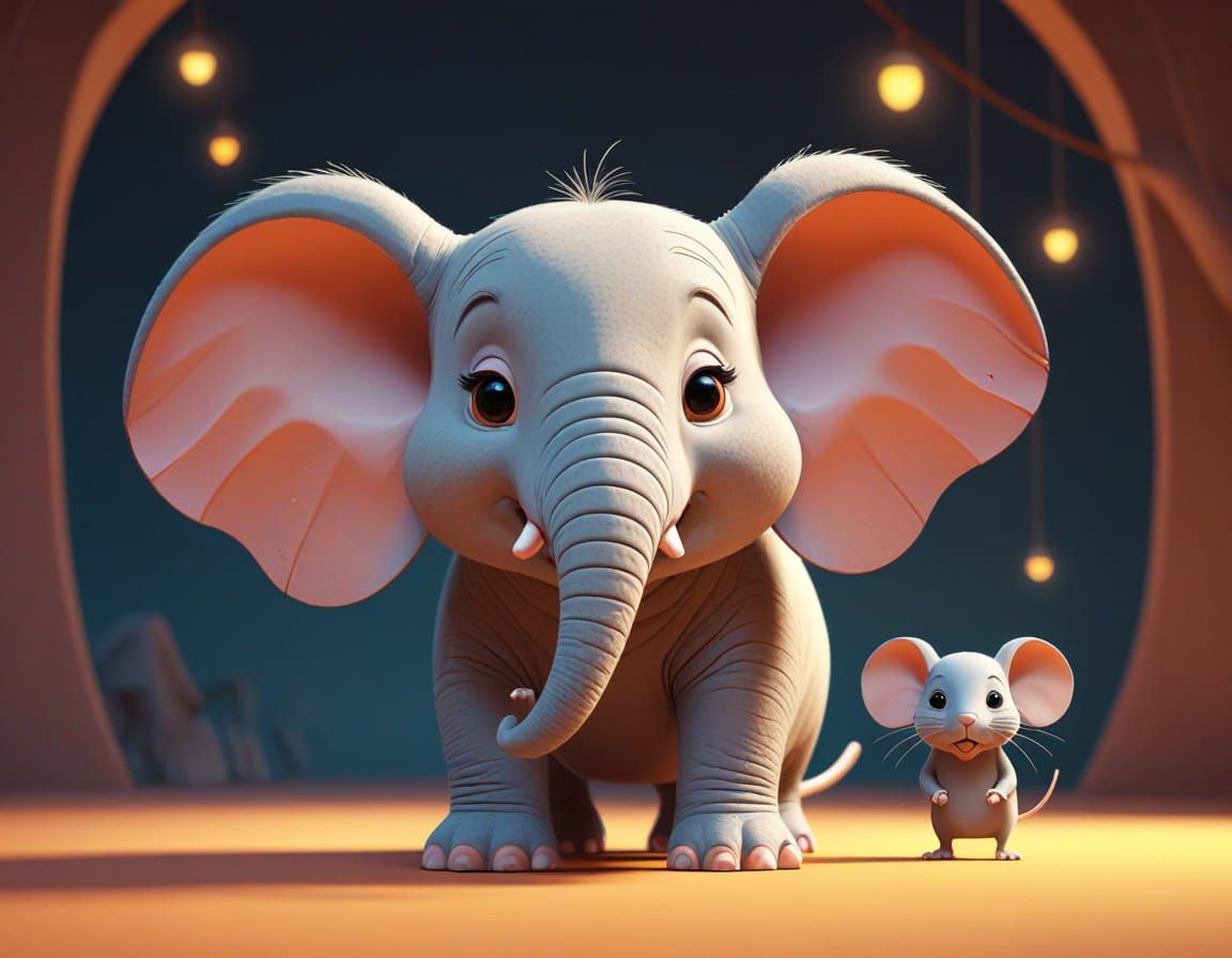 Whimsical Mouse and Elephant Illustration in Cartoon Style