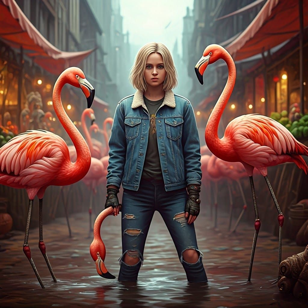 Girl Confronts Robot-Flamingo Hybrid at Vibrant Outdoor Mark...