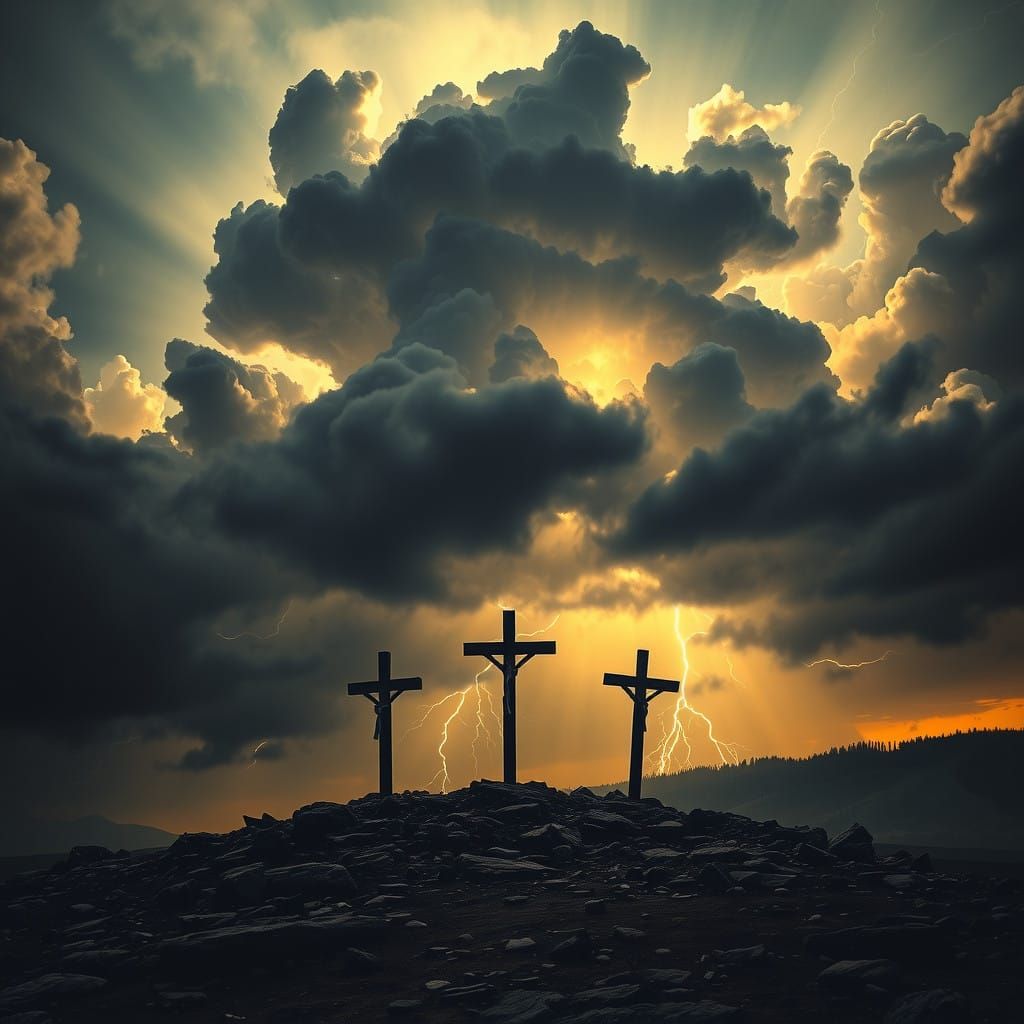 Mount Calvary at Dusk: Turbulent Skies and Wooden Crosses