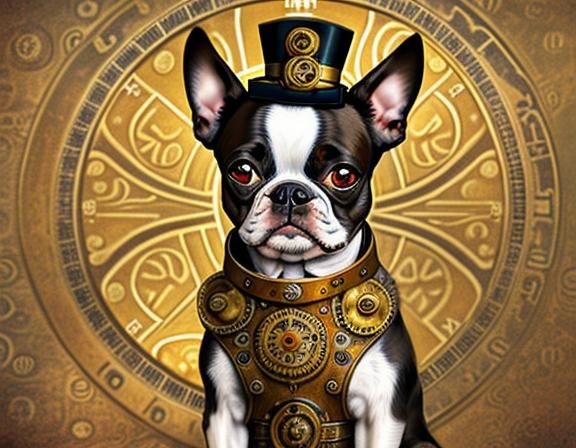 Steampunk Boston Terrier in Klimt-Inspired Style